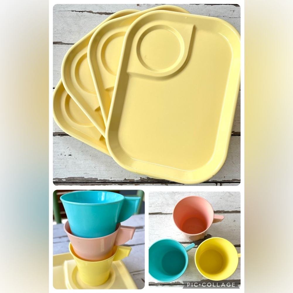 Vintage Rubbermaid food trays & vintage Jerywil Casual Ware cups.